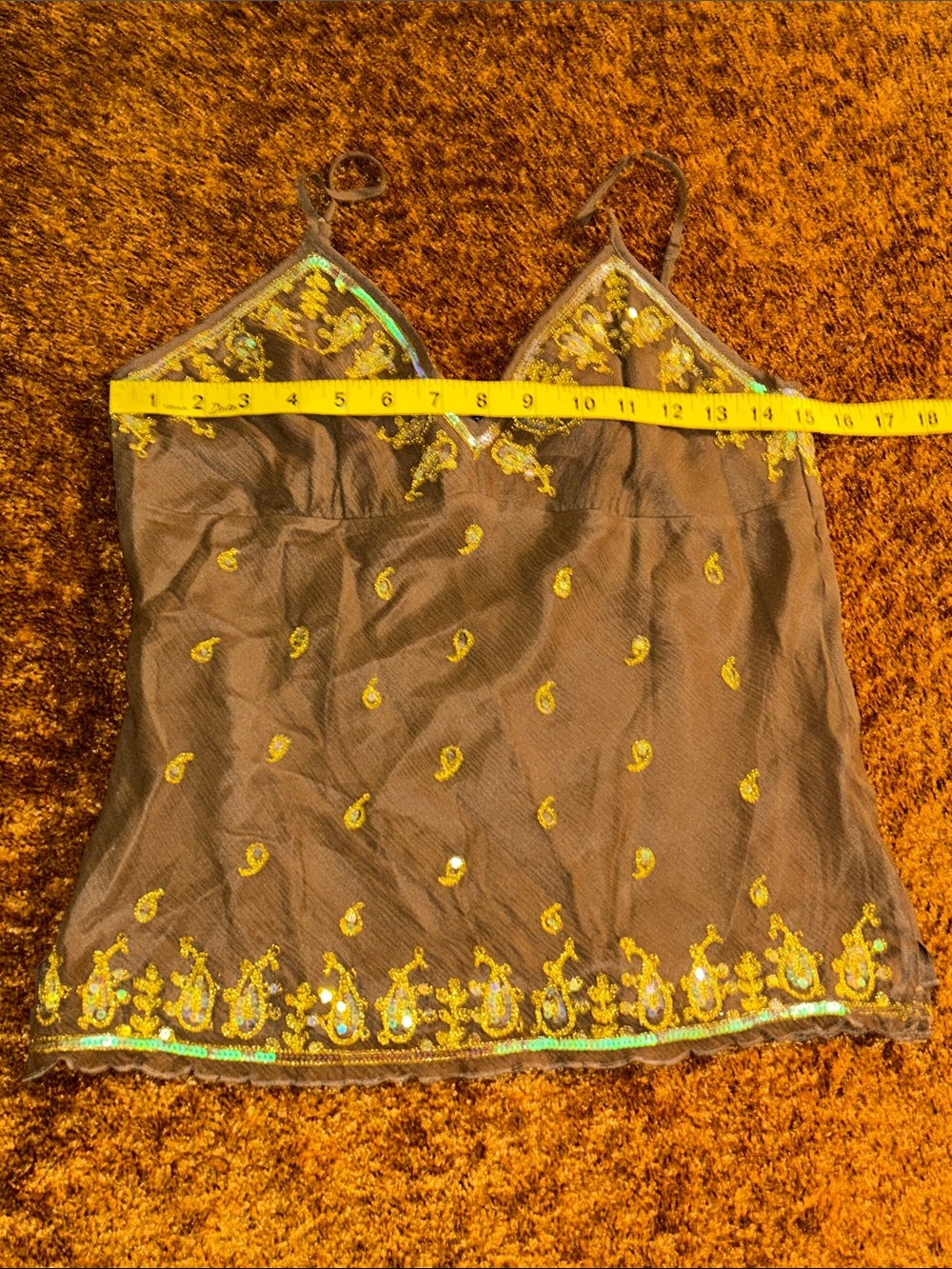 bebe Brown Sheer Camisole with Yellow-Gold Embroidery - Picture 3 of 5